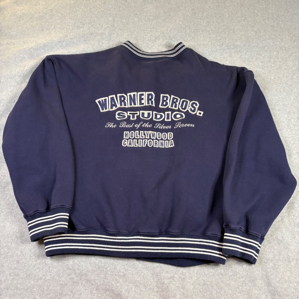 Vintage Warner Bros Studio Bomber Jacket Mens XL Navy Blue Varsity 90s Retro - Picture 5 of 11